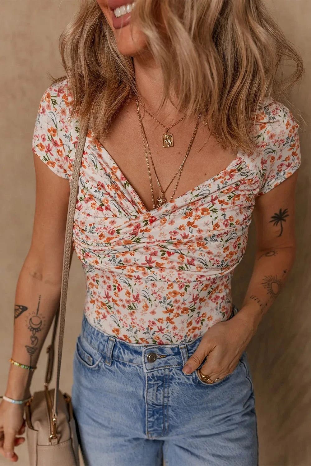 Printed Ruched Short Sleeve Bodysuit Body suits