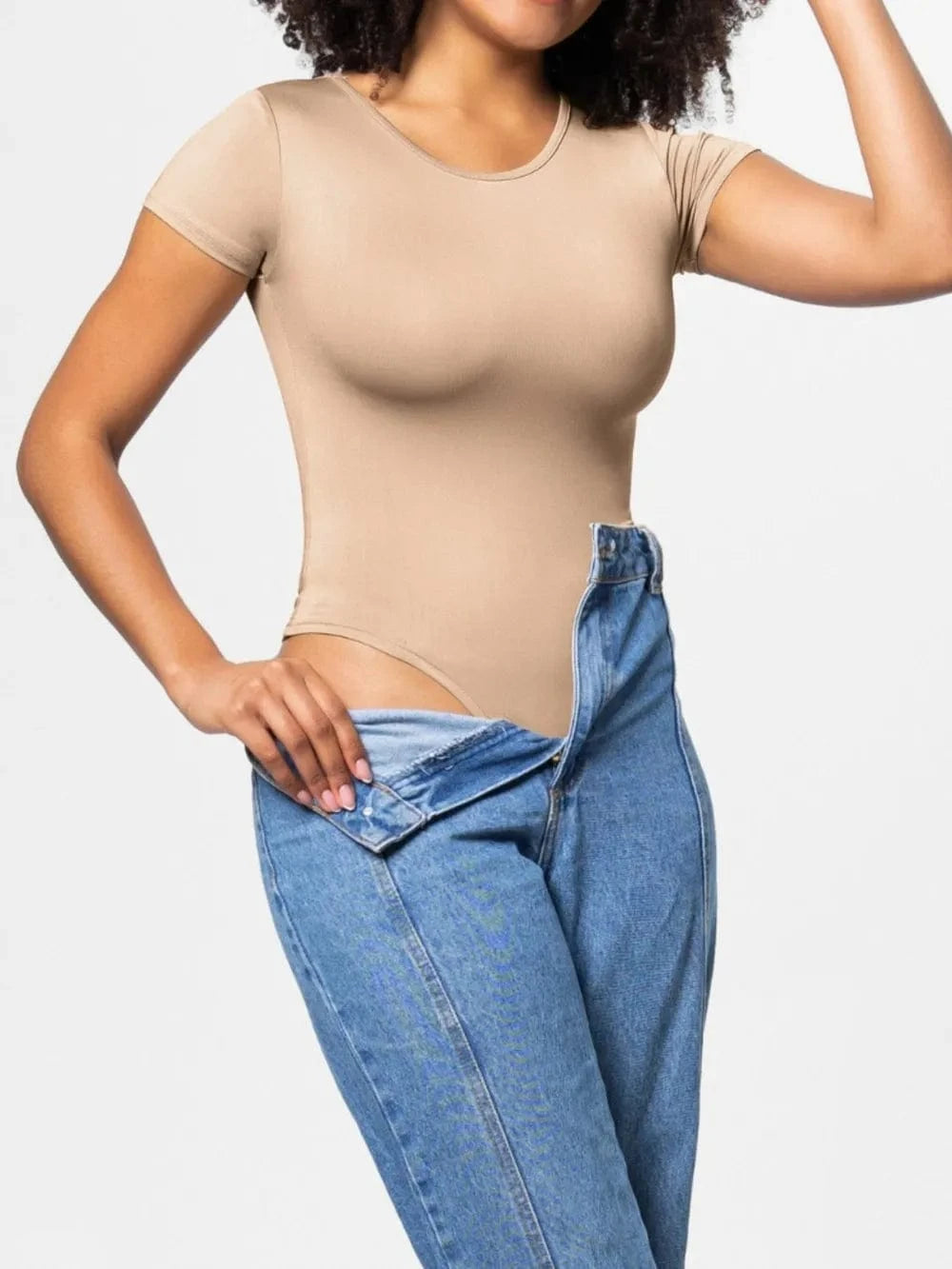 Tan Full Size Round Neck Short Sleeve Bodysuit Body suits