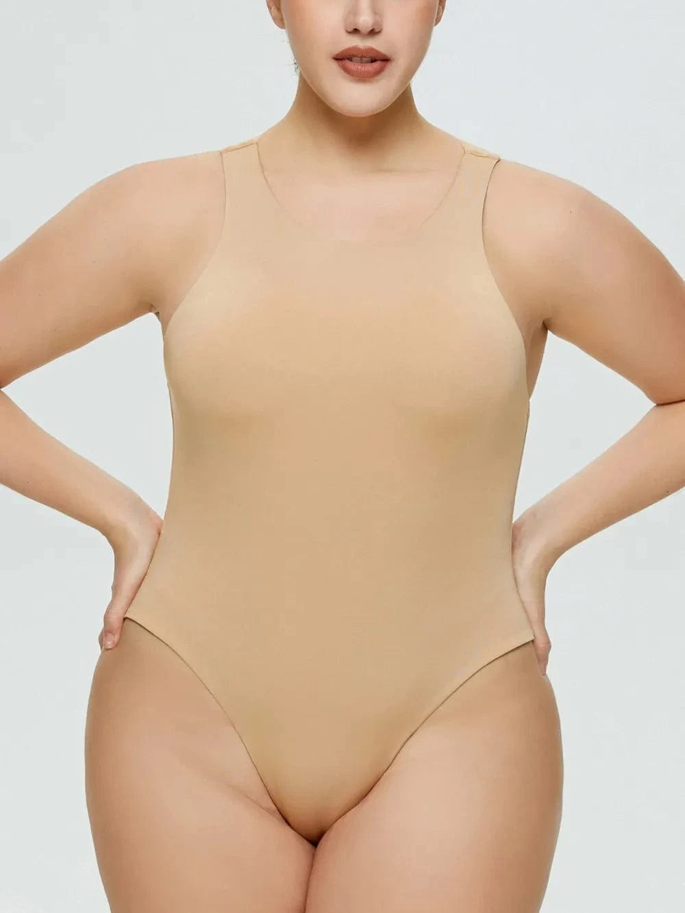 Tan Full Size Round Neck Wide Strap Bodysuit Body suits