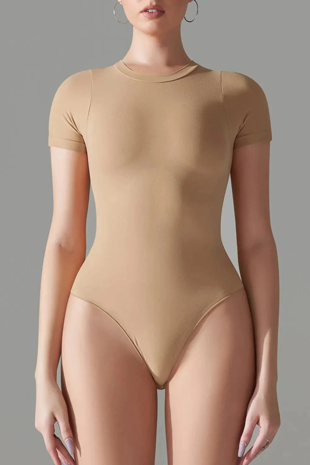 Tan Round Neck Short Sleeve Active Bodysuit Body suits