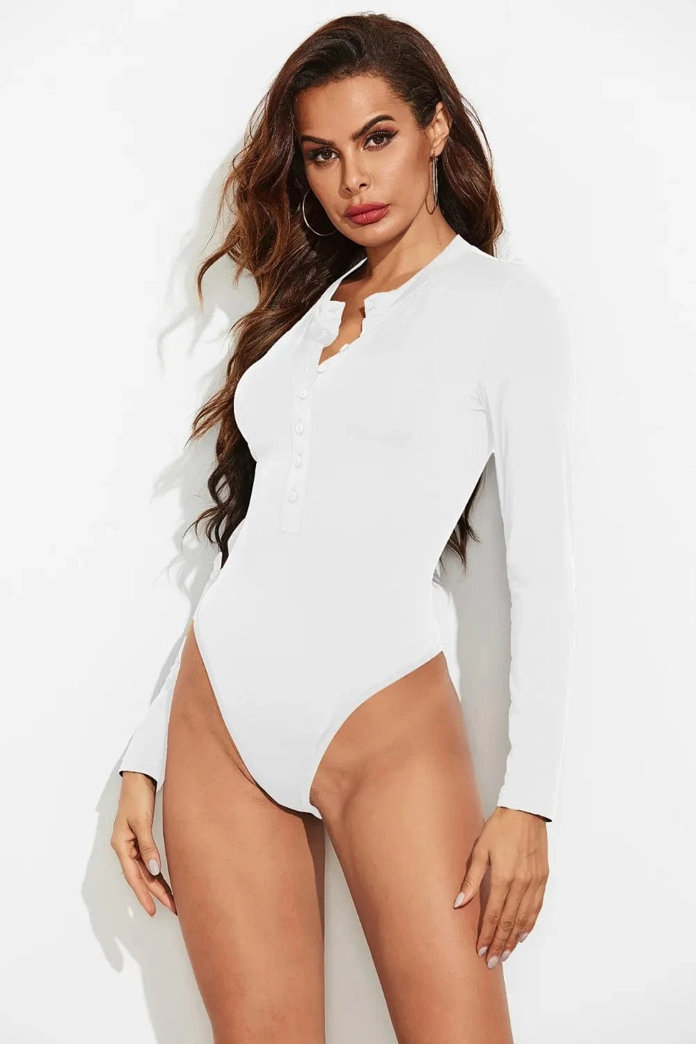 White Half Button Round Neck Long Sleeve Bodysuit Body suits