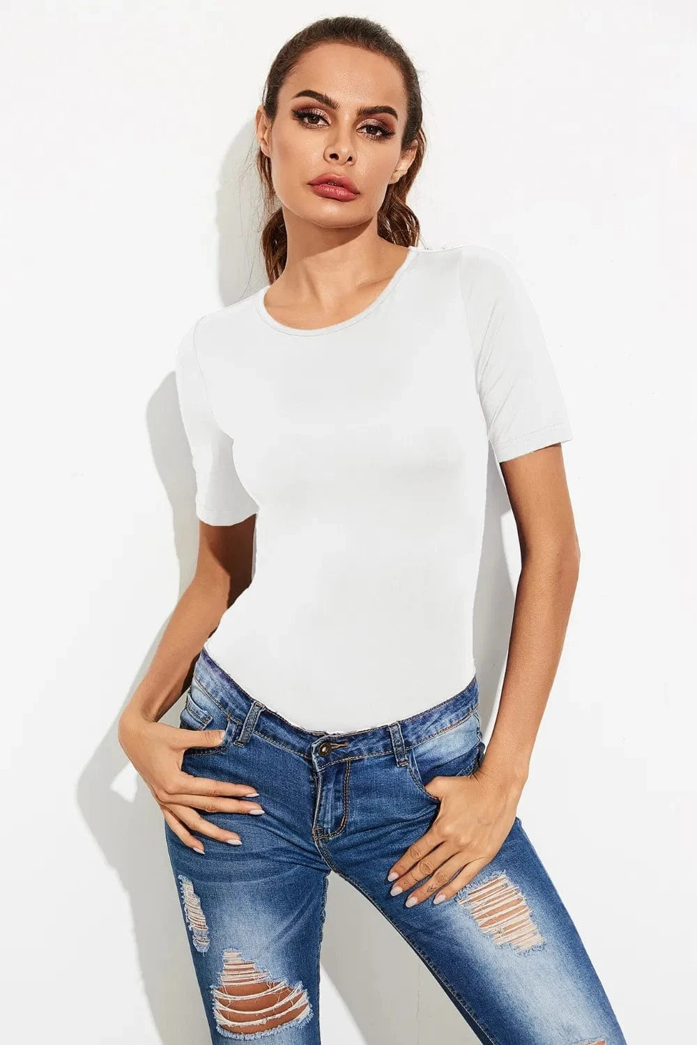 White Round Neck Short Sleeve Bodysuit Body suits