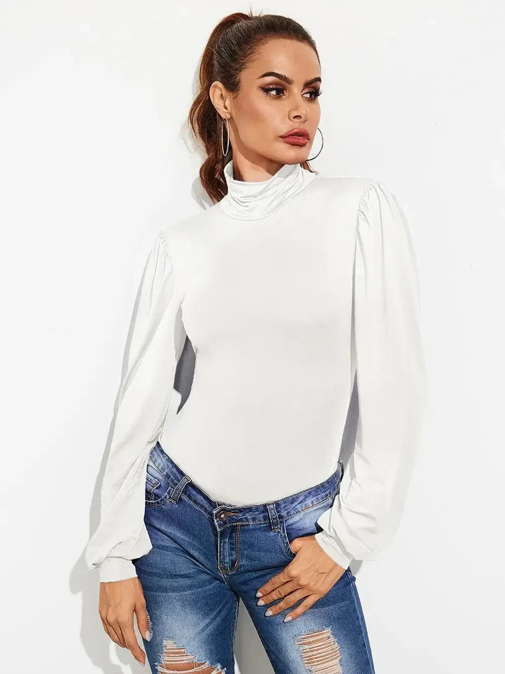 Bodysuits Backless Tie-Waist Turtleneck Lantern Sleeve Bodysuit Backless Tie-Waist Turtleneck Lantern Sleeve Bodysuit