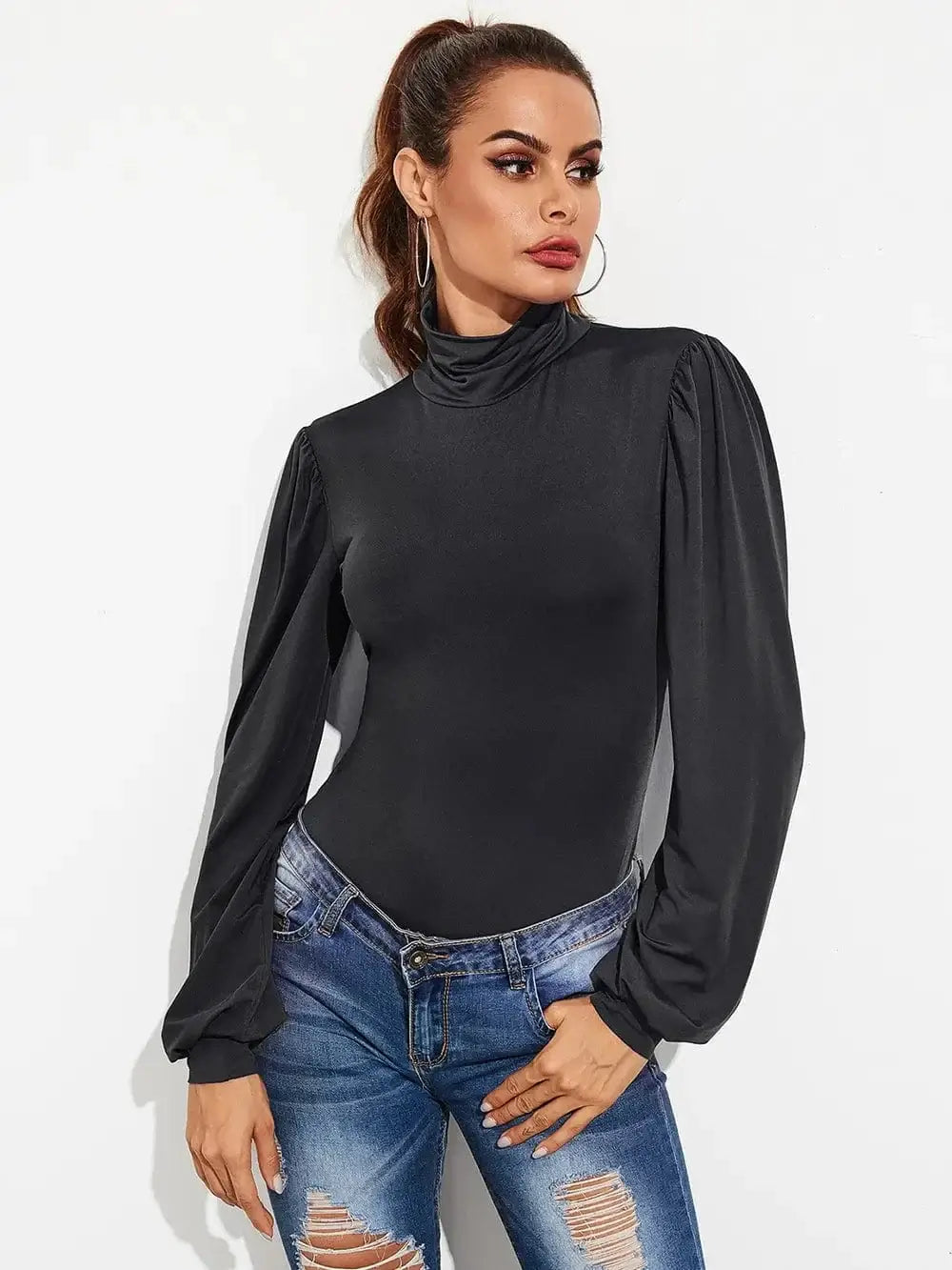 Bodysuits Backless Tie-Waist Turtleneck Lantern Sleeve Bodysuit Backless Tie-Waist Turtleneck Lantern Sleeve Bodysuit
