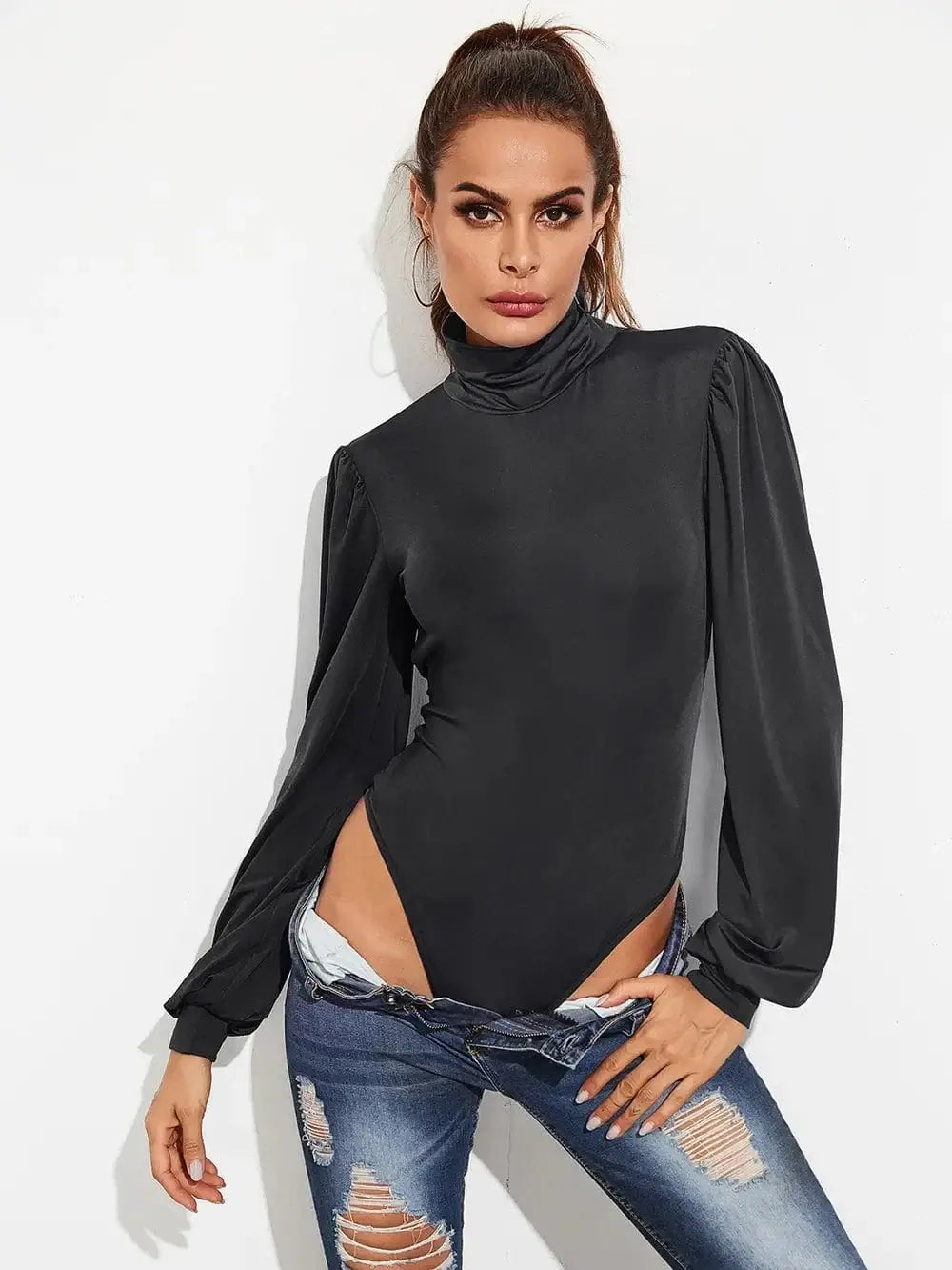 Bodysuits Backless Tie-Waist Turtleneck Lantern Sleeve Bodysuit Backless Tie-Waist Turtleneck Lantern Sleeve Bodysuit