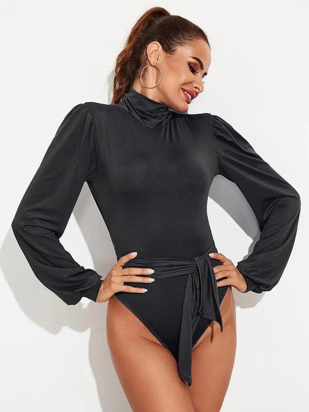 Bodysuits Backless Tie-Waist Turtleneck Lantern Sleeve Bodysuit Backless Tie-Waist Turtleneck Lantern Sleeve Bodysuit