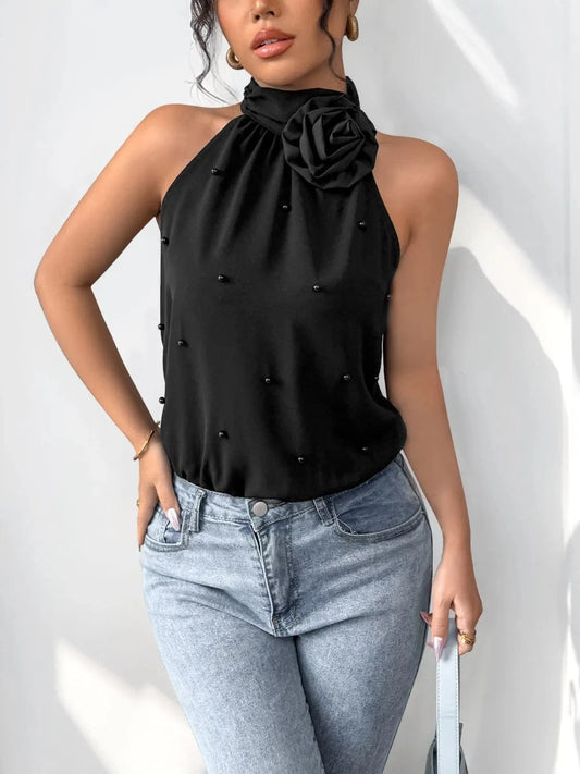 Bodysuits Black / S 3D Flower Grecian Neck Bodysuit 3D Flower Grecian Neck Bodysuit