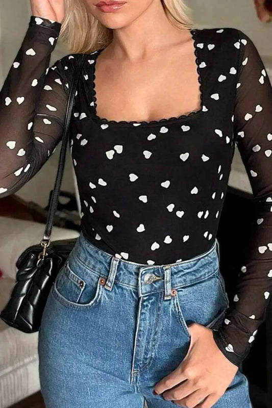 Bodysuits Black / S Heart Square Neck Long Sleeve Bodysuit Heart Square Neck Long Sleeve Bodysuit