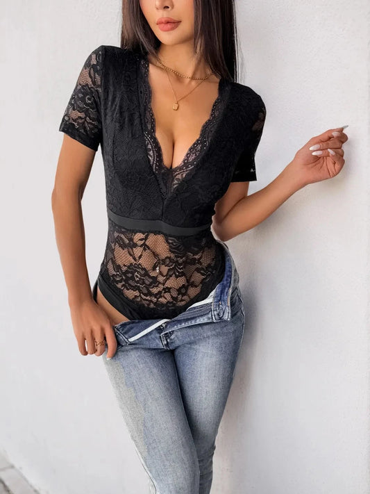Bodysuits Black / S Lace Plunge Short Sleeve Bodysuit Lace Plunge Short Sleeve Bodysuit