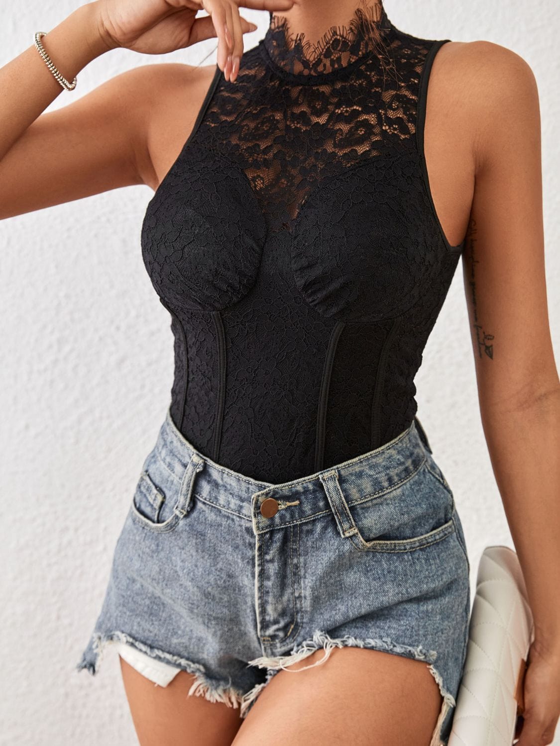 Bodysuits Black / S Perfee Mock Neck Sleeveless Lace Bodysuit Perfee Mock Neck Sleeveless Lace Bodysuit