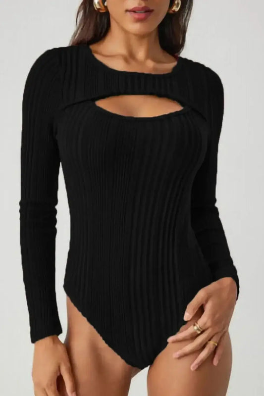 Bodysuits Black / S Ribbed Cutout Round Neck Bodysuit Ribbed Cutout Round Neck Bodysuit