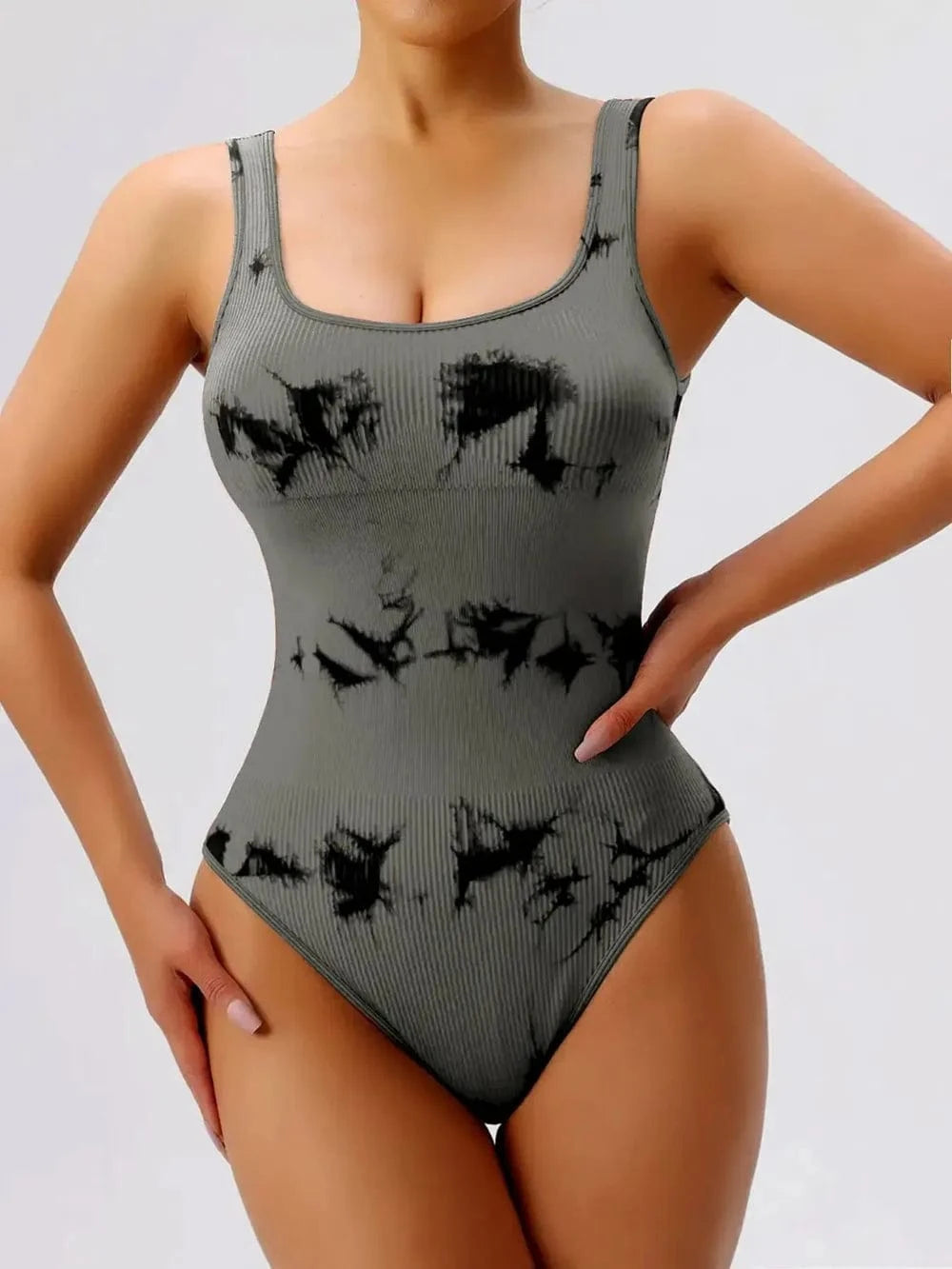 Bodysuits Dark Gray / S Tie-Dye Scoop Neck Wide Strap Active Bodysuit Tie-Dye Scoop Neck Wide Strap Active Bodysuit
