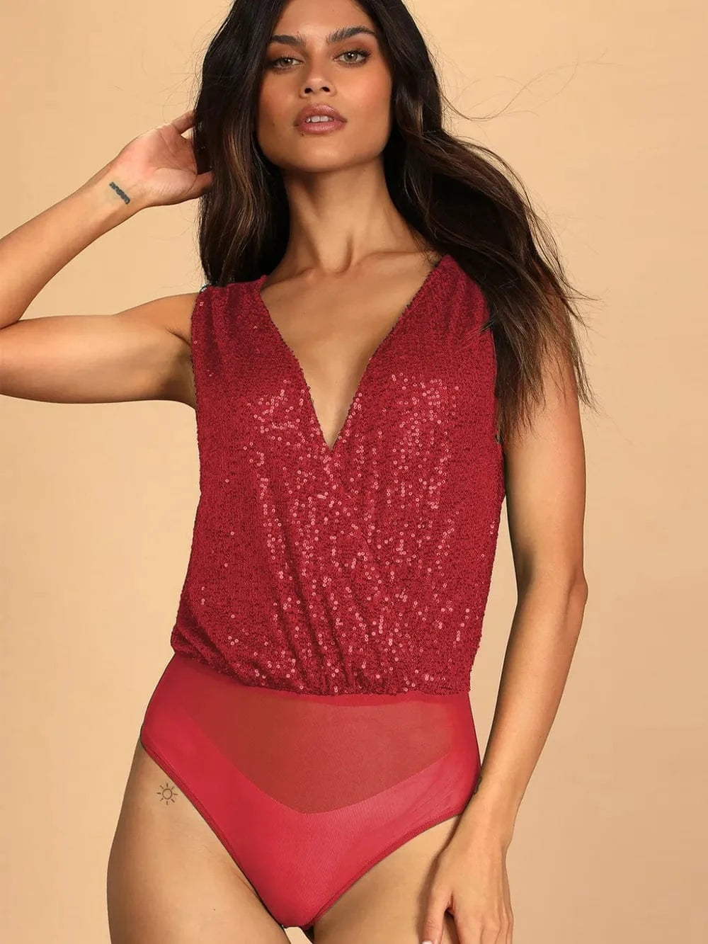Bodysuits Deep Red / S Sequin Surplice Sleeveless Bodysuit Sequin Surplice Sleeveless Bodysuit