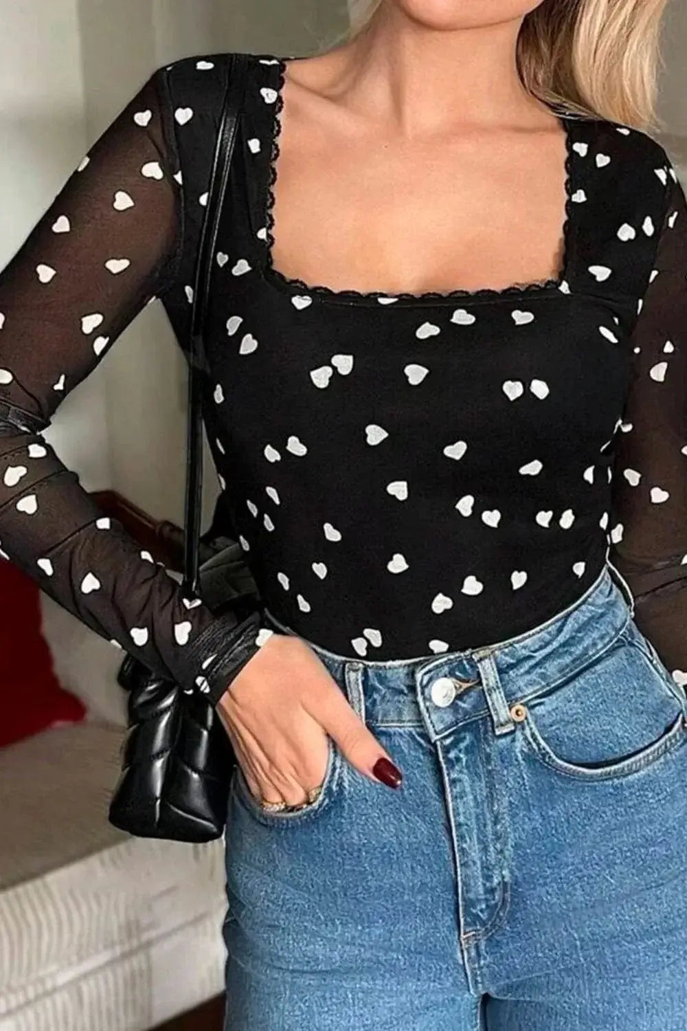 Bodysuits Heart Square Neck Long Sleeve Bodysuit Heart Square Neck Long Sleeve Bodysuit