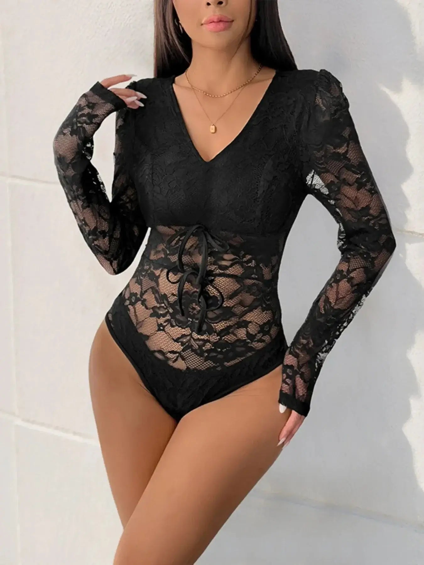 Bodysuits Lace Long Sleeve V-Neck Bodysuit Lace Long Sleeve V-Neck Bodysuit