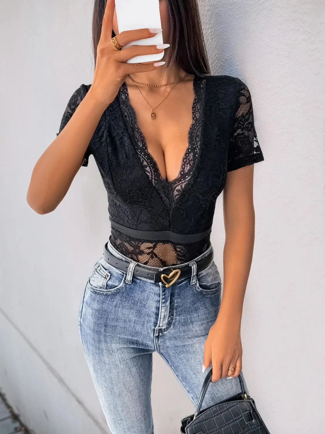 Bodysuits Lace Plunge Short Sleeve Bodysuit Lace Plunge Short Sleeve Bodysuit