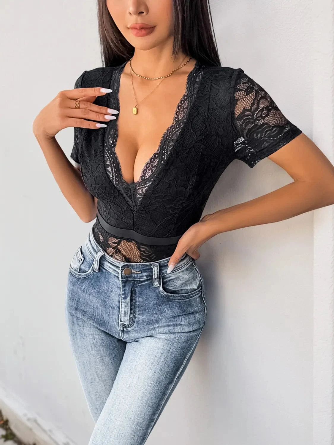 Bodysuits Lace Plunge Short Sleeve Bodysuit Lace Plunge Short Sleeve Bodysuit