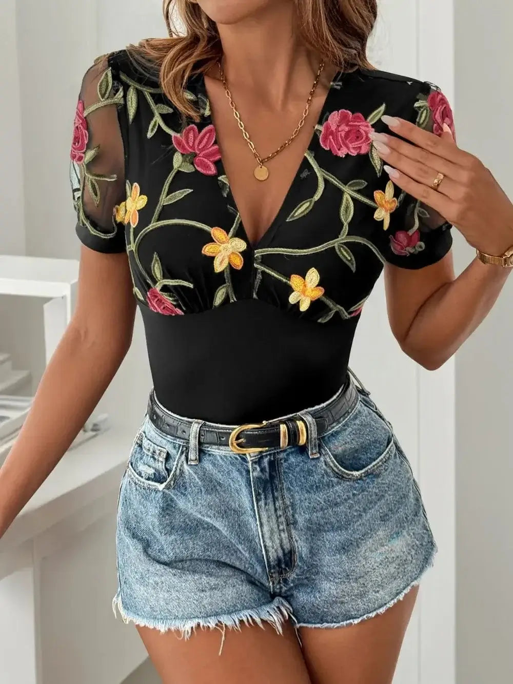 Bodysuits Perfee Embroidered V-Neck Floral Bodysuit Perfee Embroidered V-Neck Floral Bodysuit