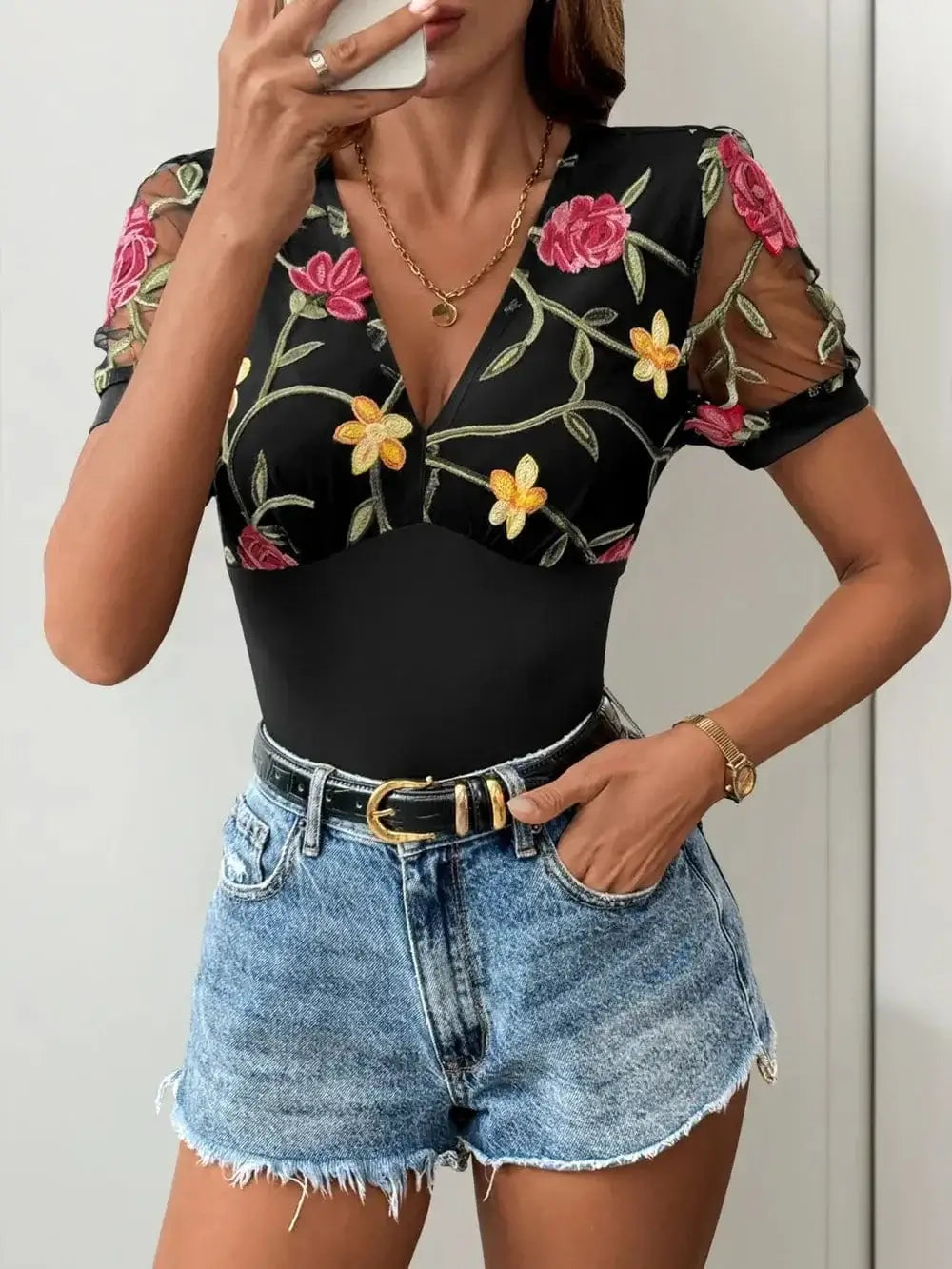 Bodysuits Perfee Embroidered V-Neck Floral Bodysuit Perfee Embroidered V-Neck Floral Bodysuit