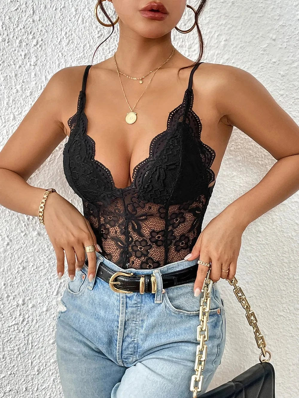 Bodysuits Perfee Lace V-Neck Spaghetti Strap Bodysuit Perfee Lace V-Neck Spaghetti Strap Bodysuit