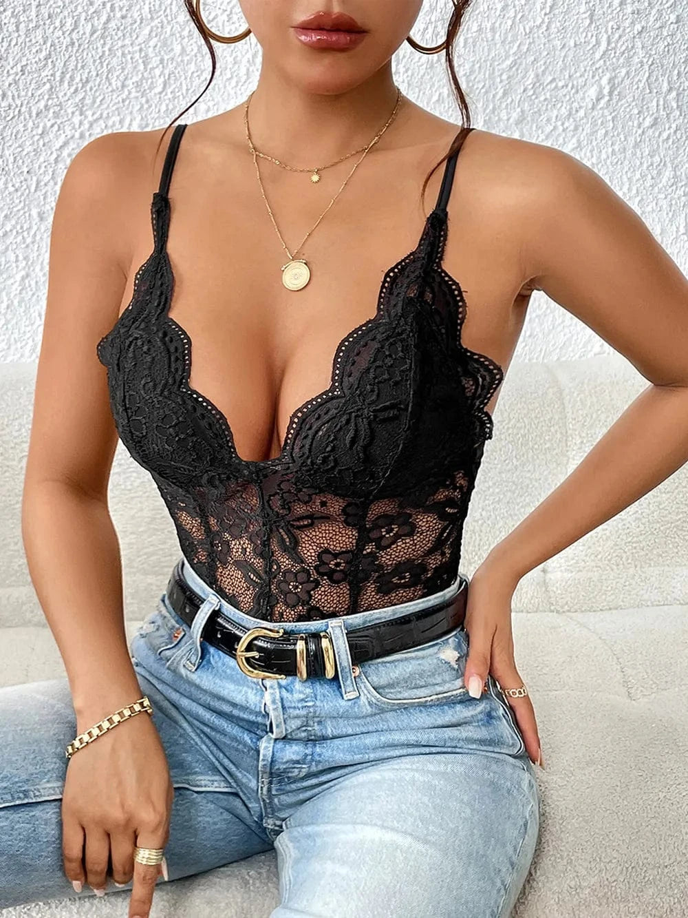 Bodysuits Perfee Lace V-Neck Spaghetti Strap Bodysuit Perfee Lace V-Neck Spaghetti Strap Bodysuit