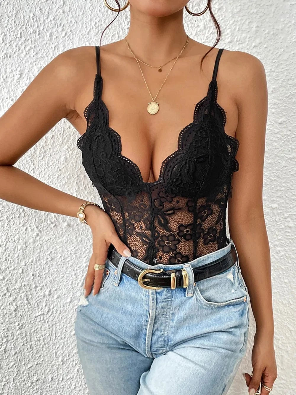 Bodysuits Perfee Lace V-Neck Spaghetti Strap Bodysuit Perfee Lace V-Neck Spaghetti Strap Bodysuit