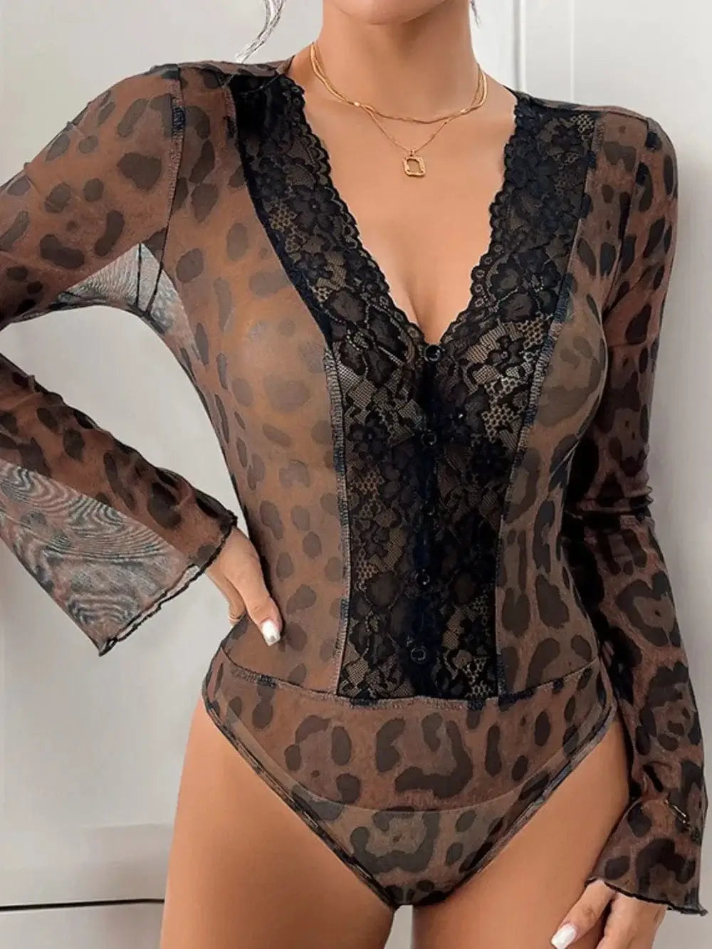 Bodysuits Perfee Leopard V-Neck Lace Bodysuit Perfee Leopard V-Neck Lace Bodysuit