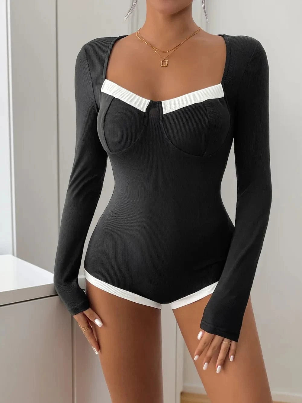 Bodysuits Perfee Ribbed Contrast Long Sleeve Bodysuit Perfee Ribbed Contrast Long Sleeve Bodysuit
