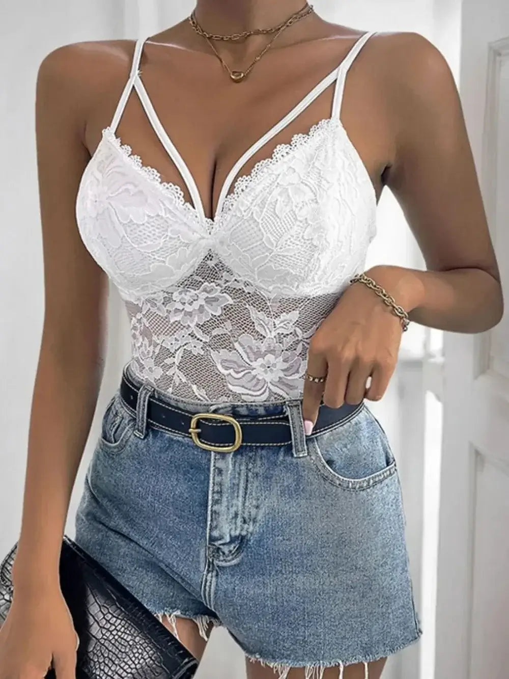 Bodysuits Perfee Spaghetti Strap Lace Bodysuit Perfee Spaghetti Strap Lace Bodysuit