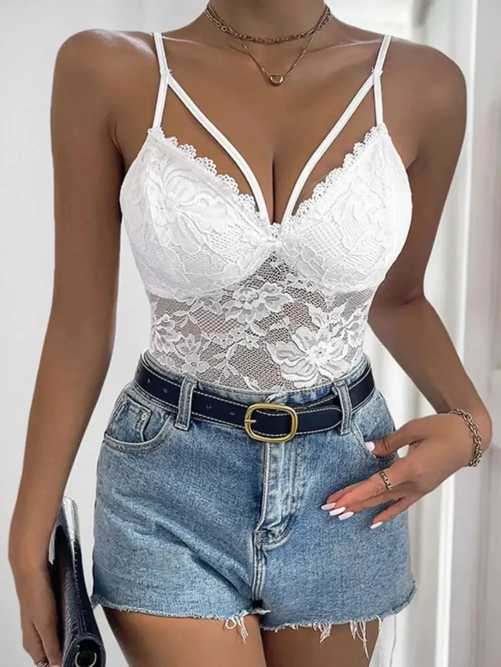 Bodysuits Perfee Spaghetti Strap Lace Bodysuit Perfee Spaghetti Strap Lace Bodysuit