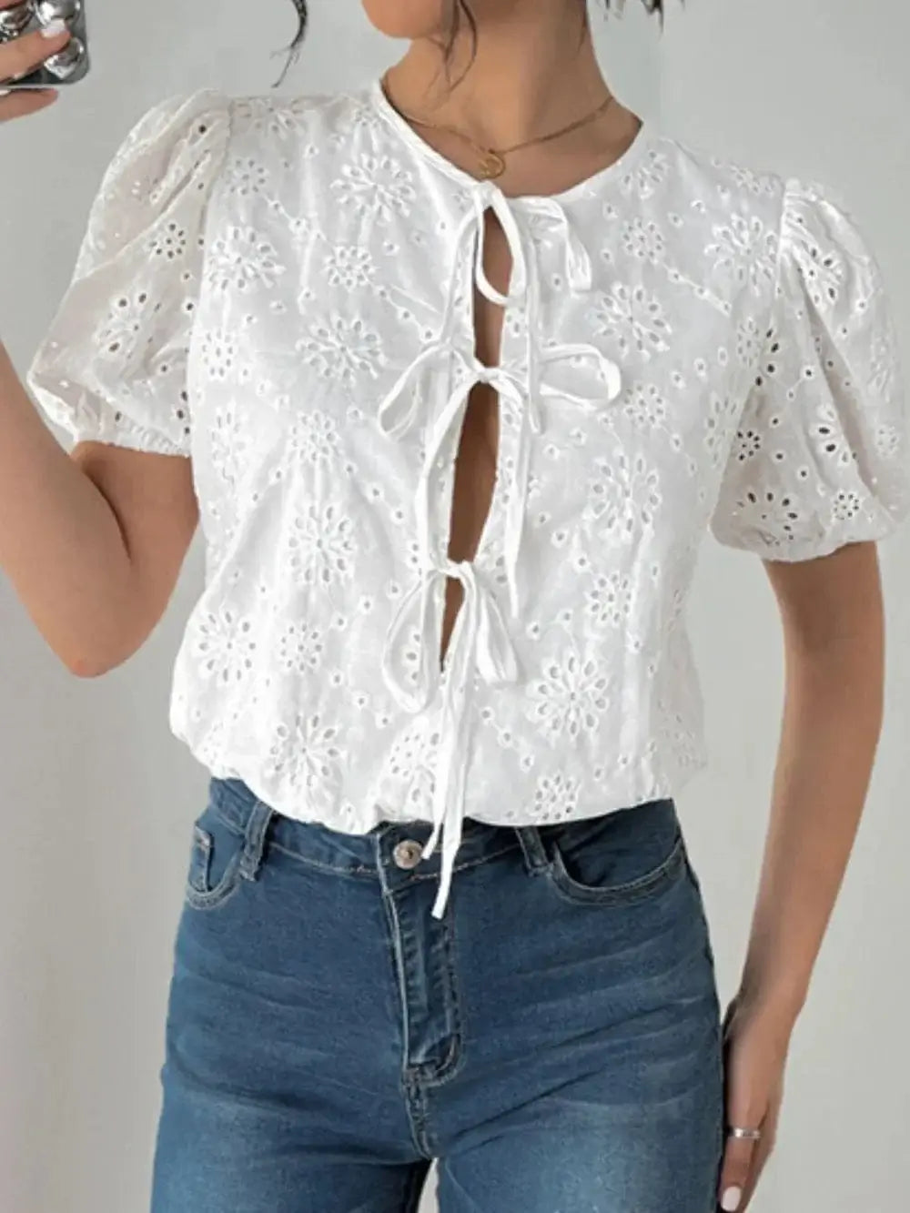 Bodysuits Perfee Tied Eyelet Short Sleeve Bodysuit Perfee Tied Eyelet Short Sleeve Bodysuit