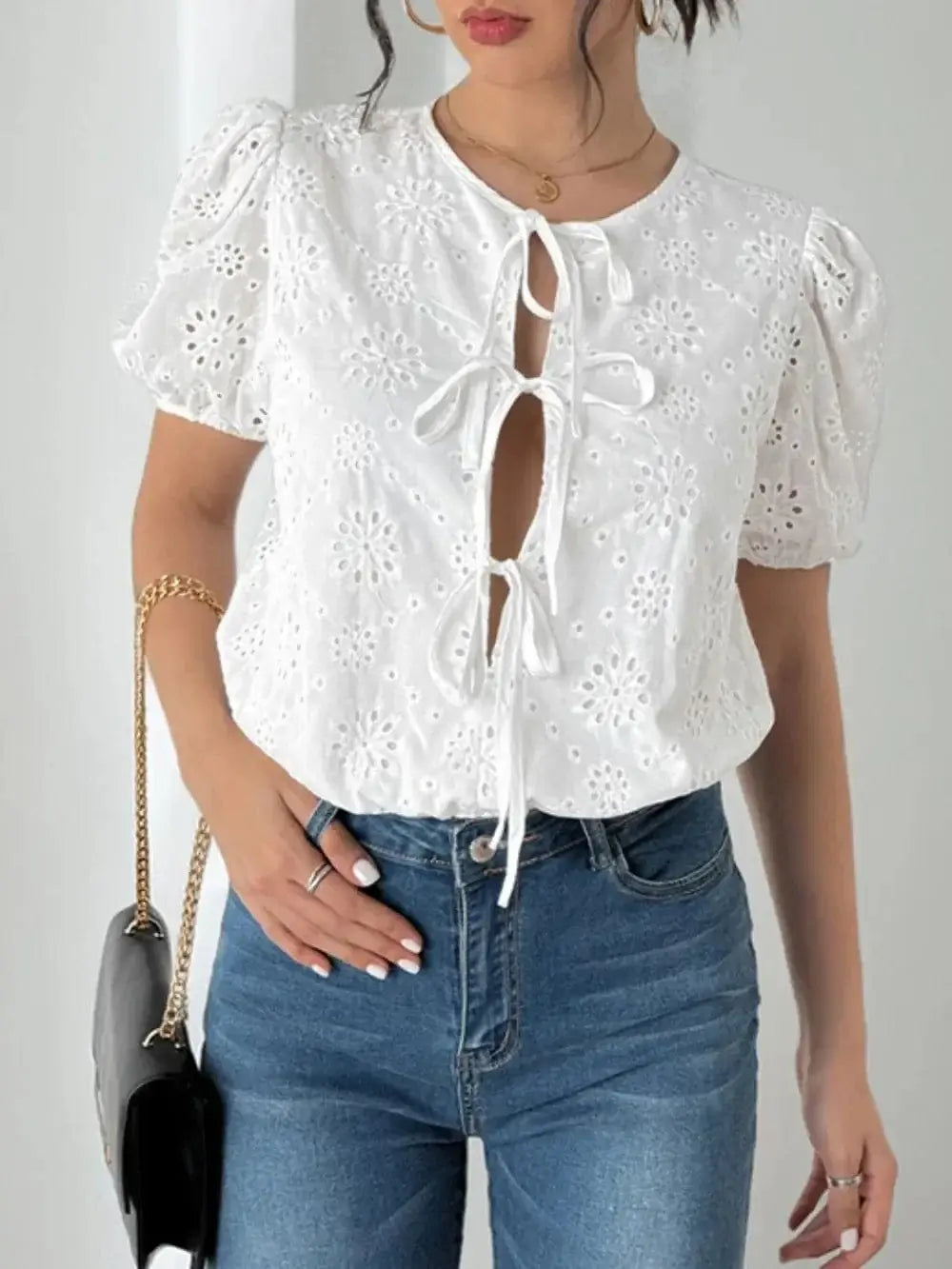 Bodysuits Perfee Tied Eyelet Short Sleeve Bodysuit Perfee Tied Eyelet Short Sleeve Bodysuit