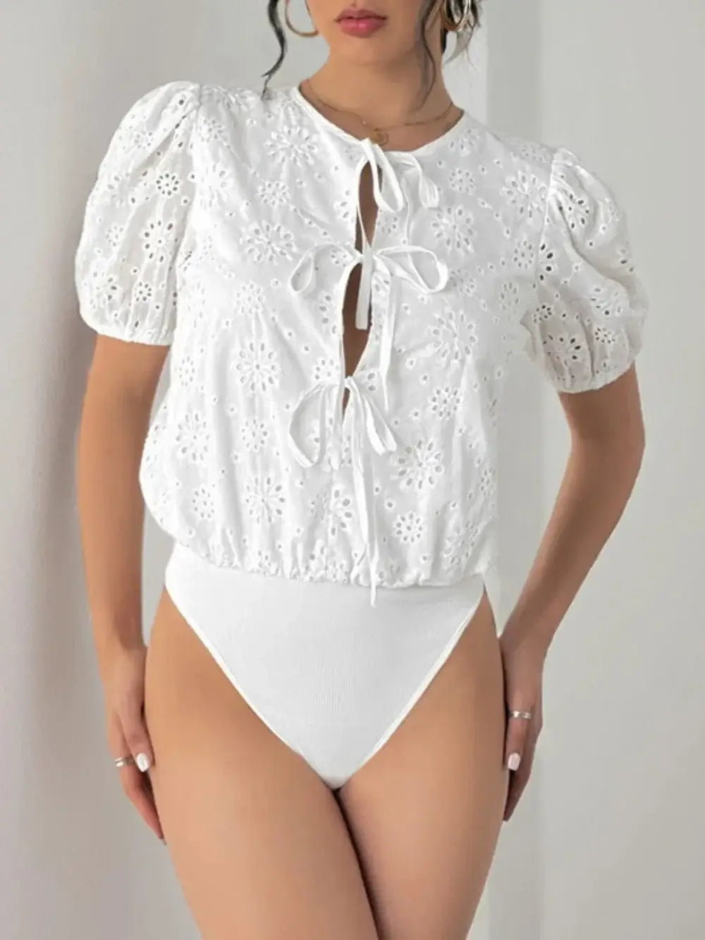 Bodysuits Perfee Tied Eyelet Short Sleeve Bodysuit Perfee Tied Eyelet Short Sleeve Bodysuit