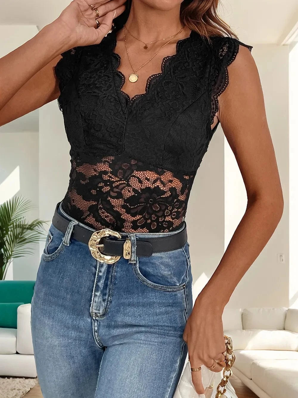 Bodysuits Perfee V-Neck Lace Bodysuit Perfee V-Neck Lace Bodysuit