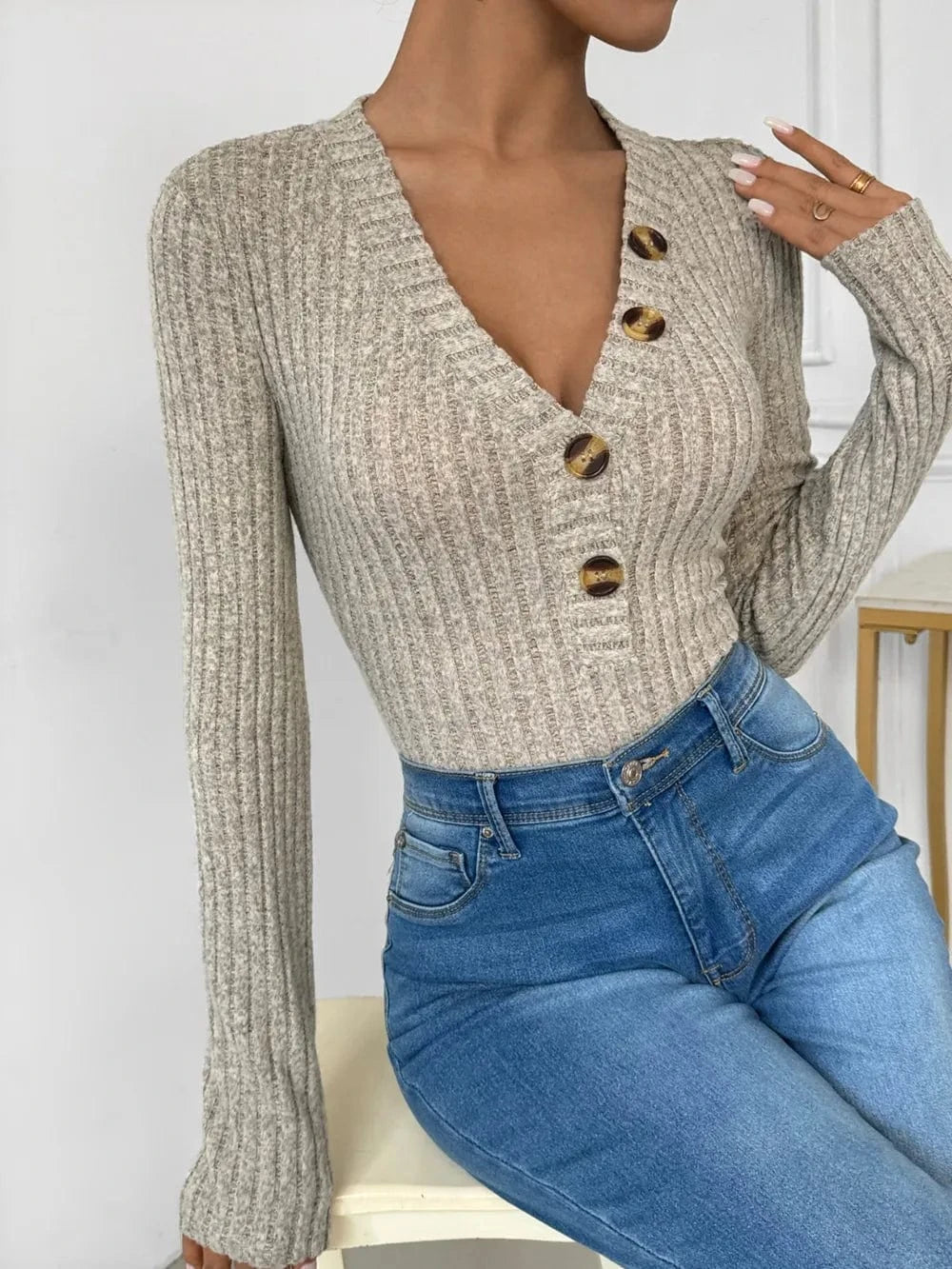 Bodysuits Perfee V-Neck Long Sleeve Bodysuit Perfee V-Neck Long Sleeve Bodysuit