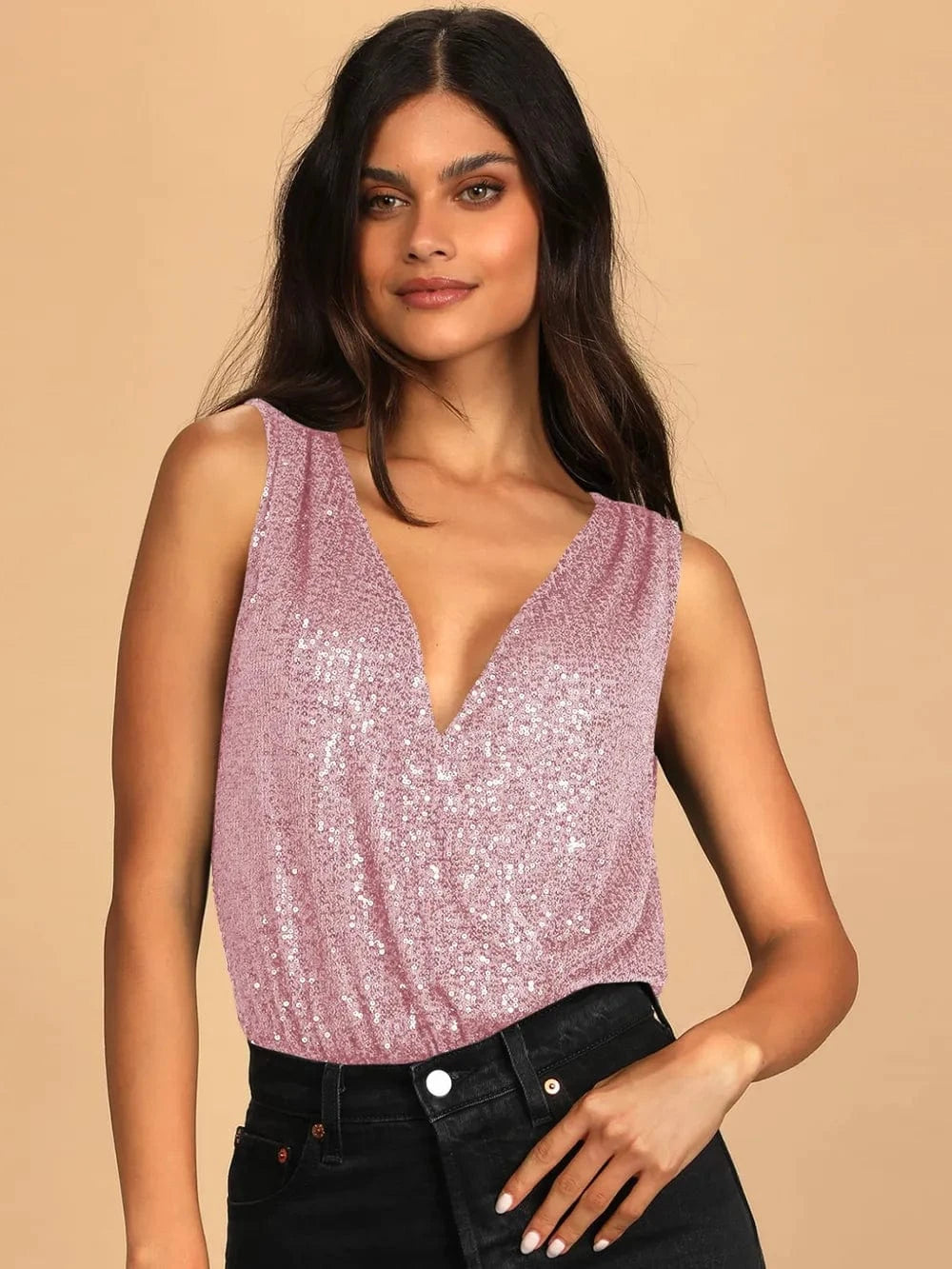 Bodysuits Pink / S Sequin Surplice Sleeveless Bodysuit Sequin Surplice Sleeveless Bodysuit