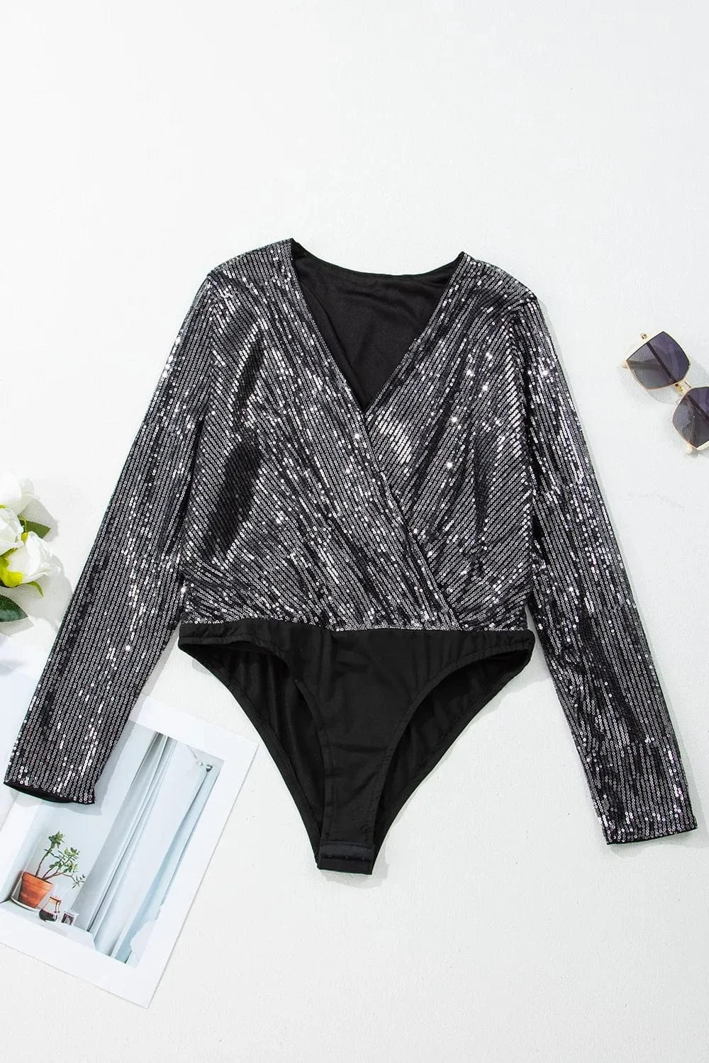 Bodysuits Sequin Surplice Long Sleeve Bodysuit Sequin Surplice Long Sleeve Bodysuit
