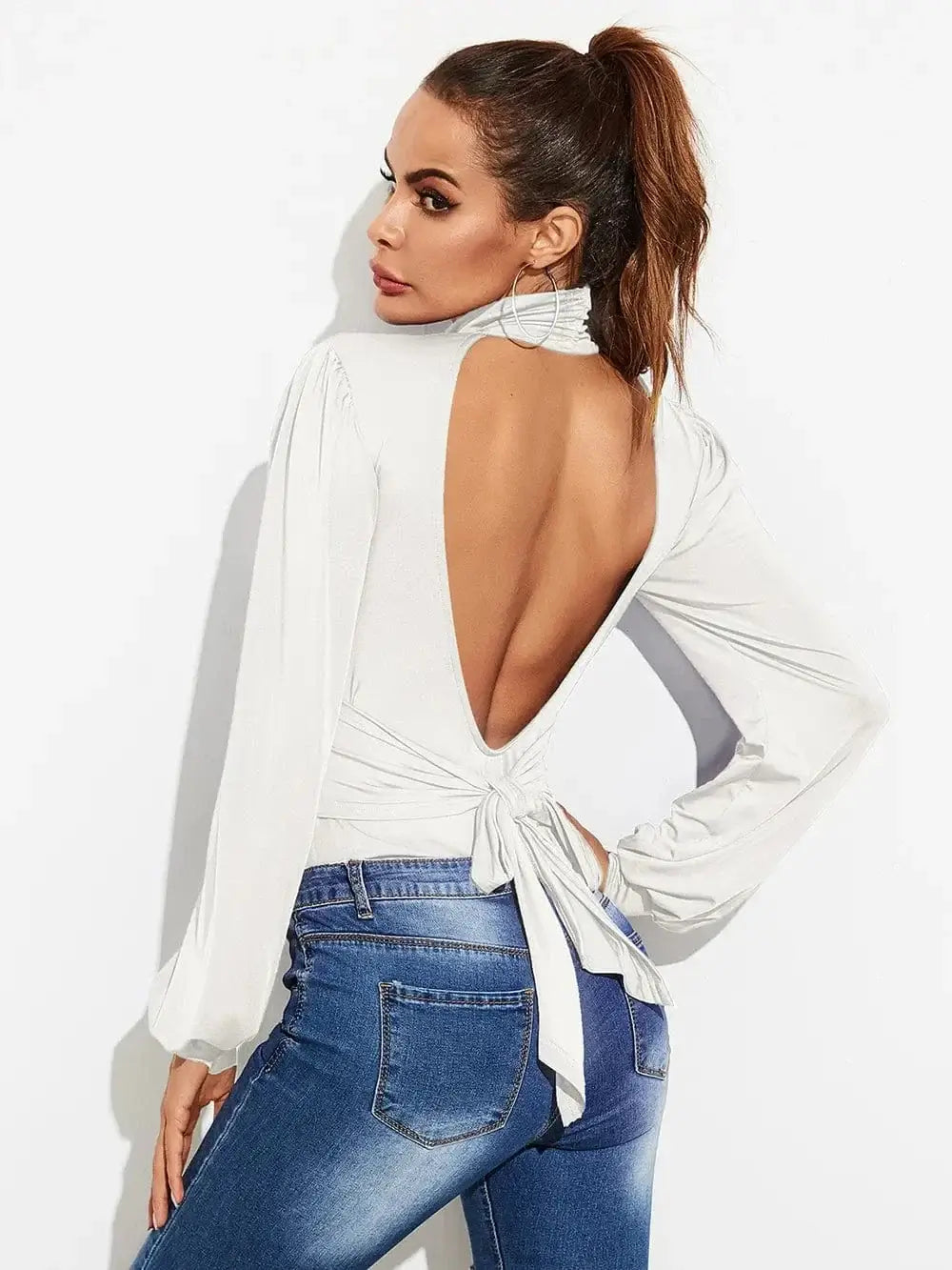 Bodysuits White / S Backless Tie-Waist Turtleneck Lantern Sleeve Bodysuit Backless Tie-Waist Turtleneck Lantern Sleeve Bodysuit