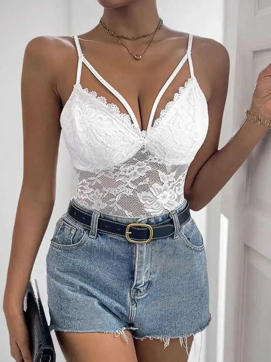 Bodysuits White / S Perfee Spaghetti Strap Lace Bodysuit Perfee Spaghetti Strap Lace Bodysuit