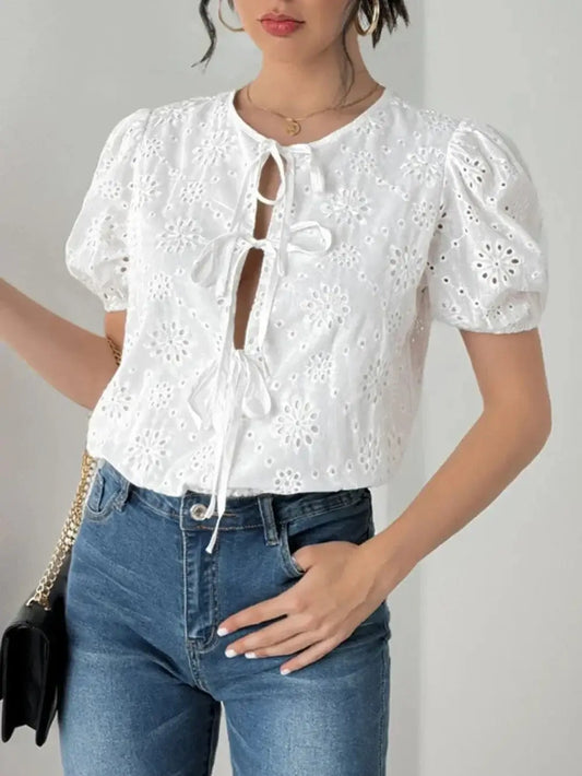 Bodysuits White / S Perfee Tied Eyelet Short Sleeve Bodysuit Perfee Tied Eyelet Short Sleeve Bodysuit