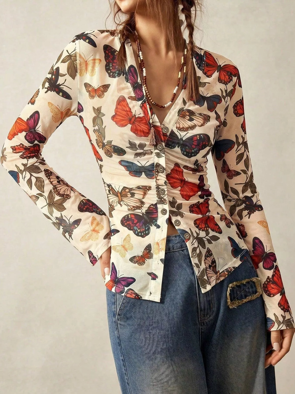 Butterfly Print V-Neck Button-Down Shirt