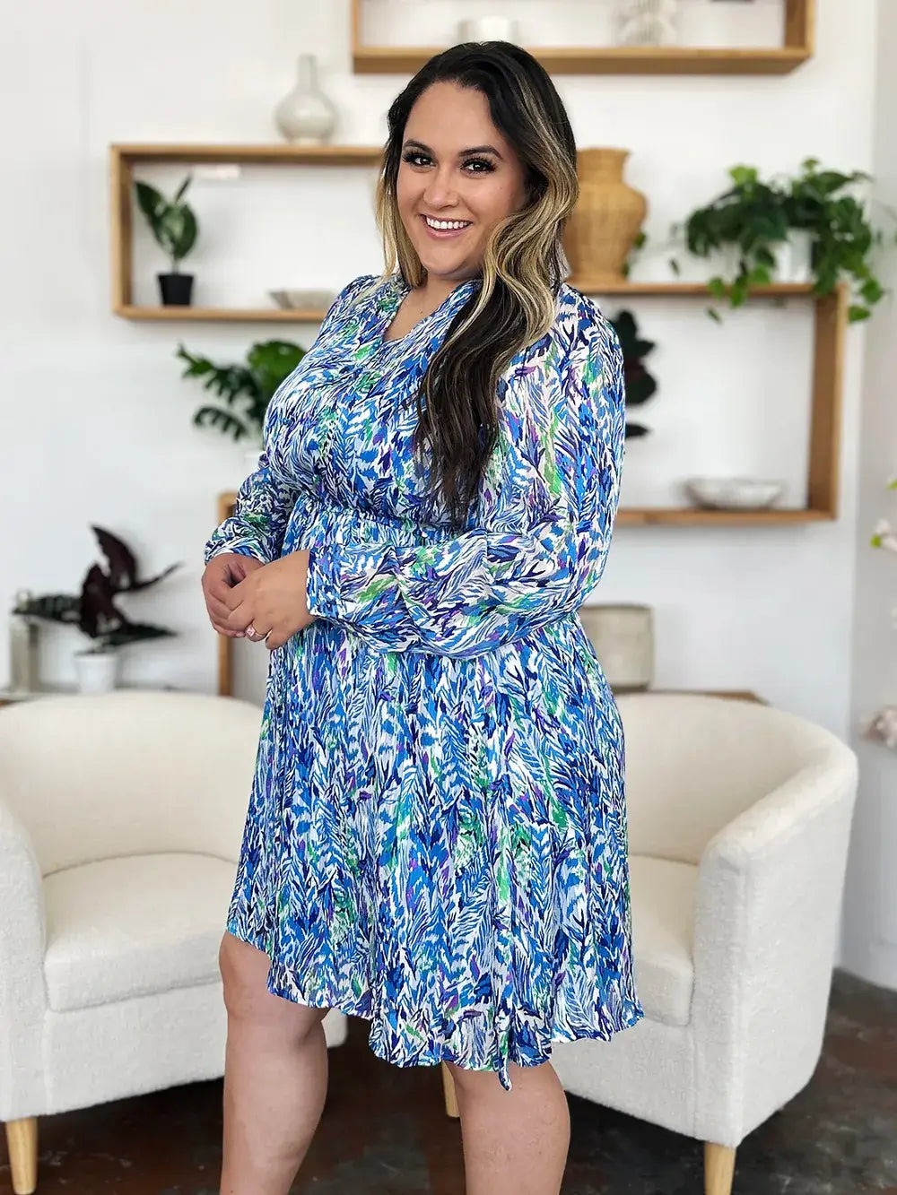 double take printed drawstring waist dress