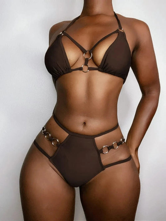 Chocolate Cutout Halter Neck Two-Piece Bikini Set