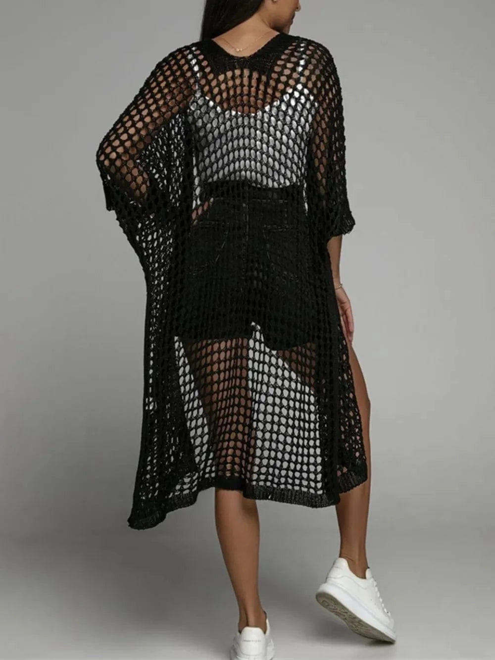 Black Openwork Open Front Three-Quarter Sleeve Cover Up coverups