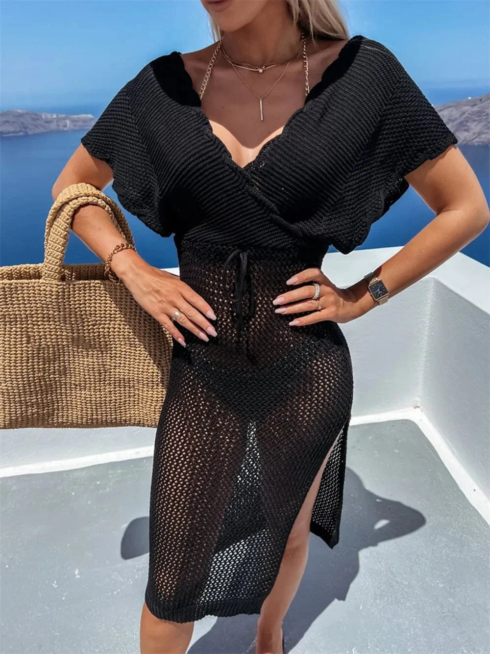 Black Slit Surplice Cap Sleeve Cover Up coverups