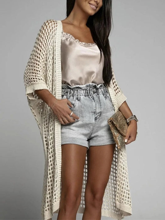 Cream Openwork Open Front Three-Quarter Sleeve Cover Up coverups