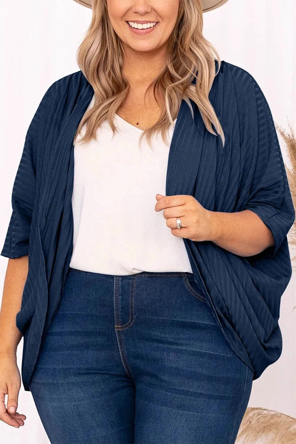 Dark Blue Plus Size Ribbed Cocoon Cover Up coverups