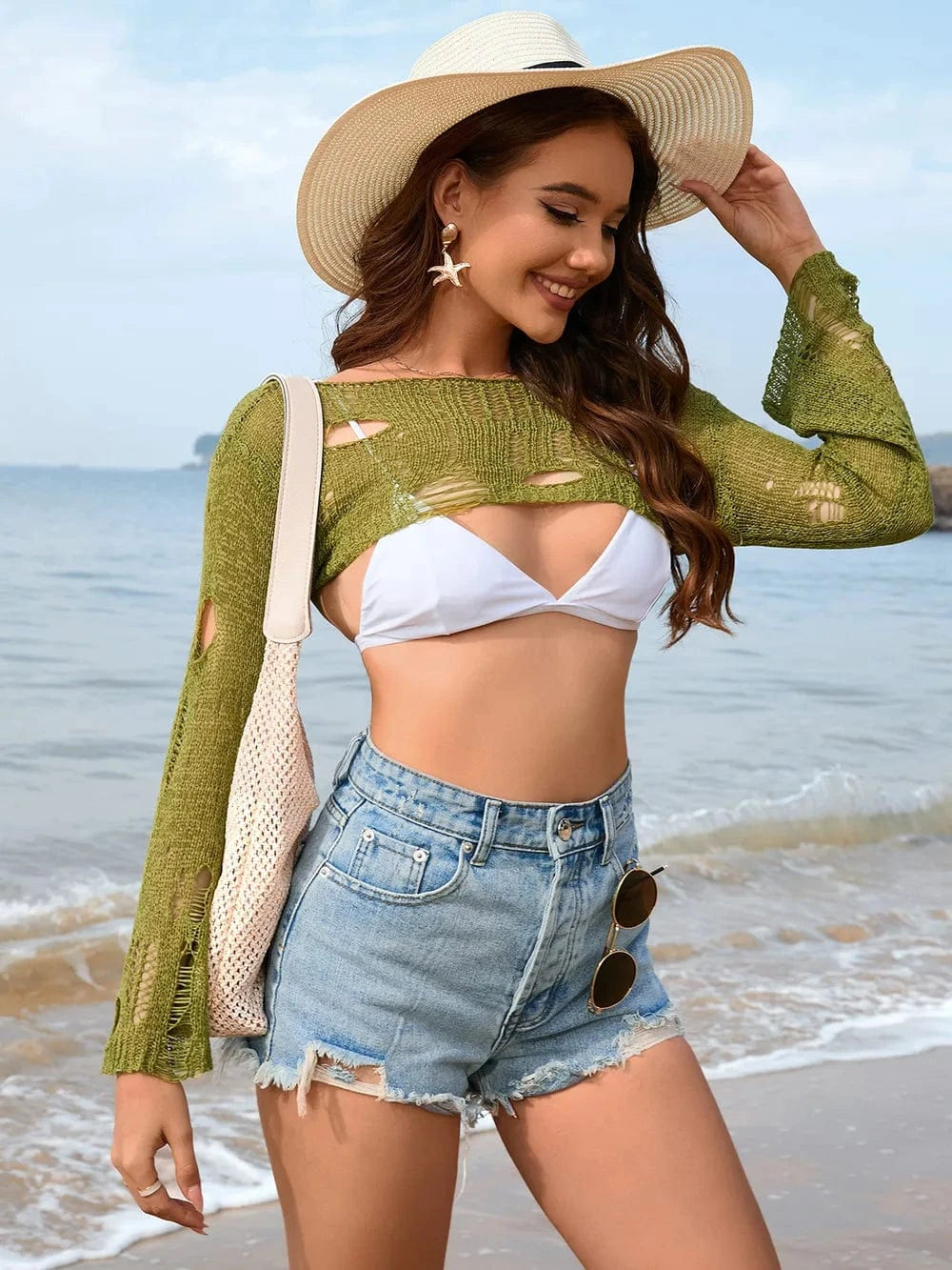 Distressed Boat Neck Long Sleeve Cover Up coverups
