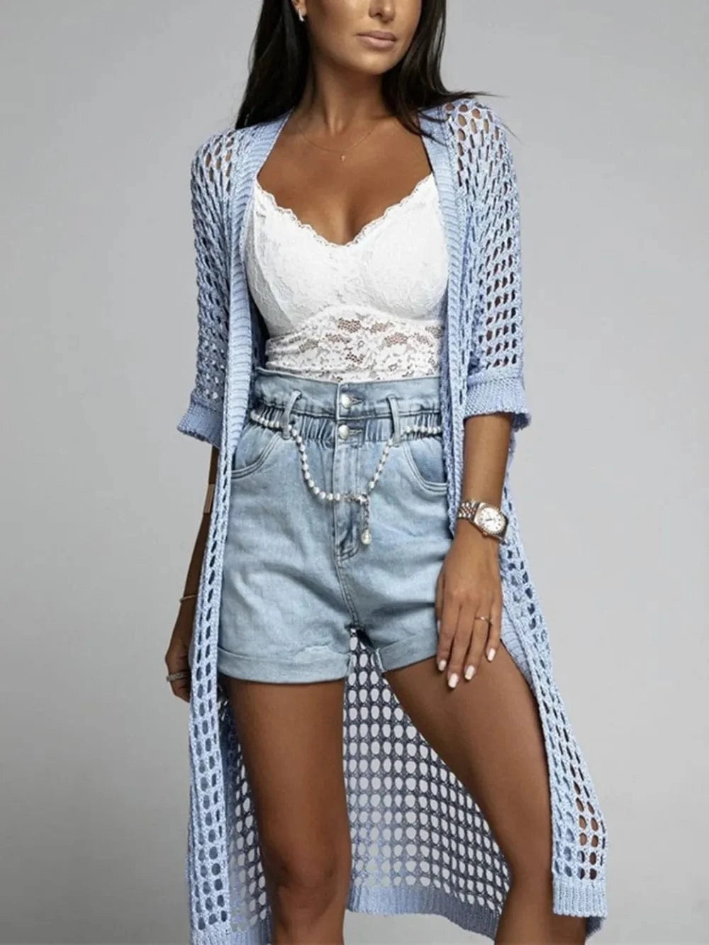 Light Blue Openwork Open Front Three-Quarter Sleeve Cover Up coverups