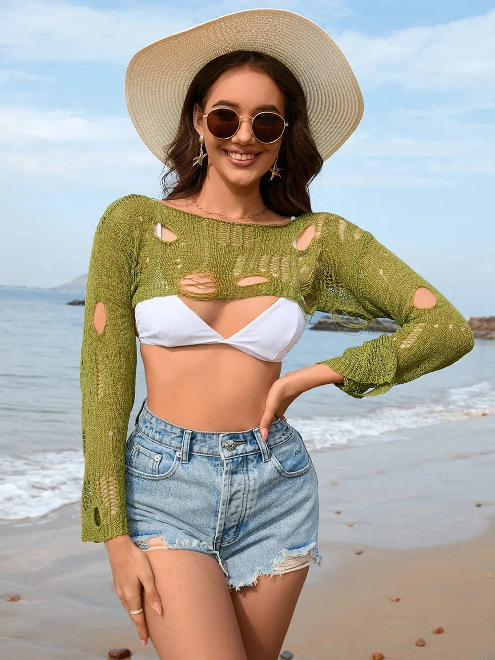 Matcha Green Distressed Boat Neck Long Sleeve Cover Up coverups